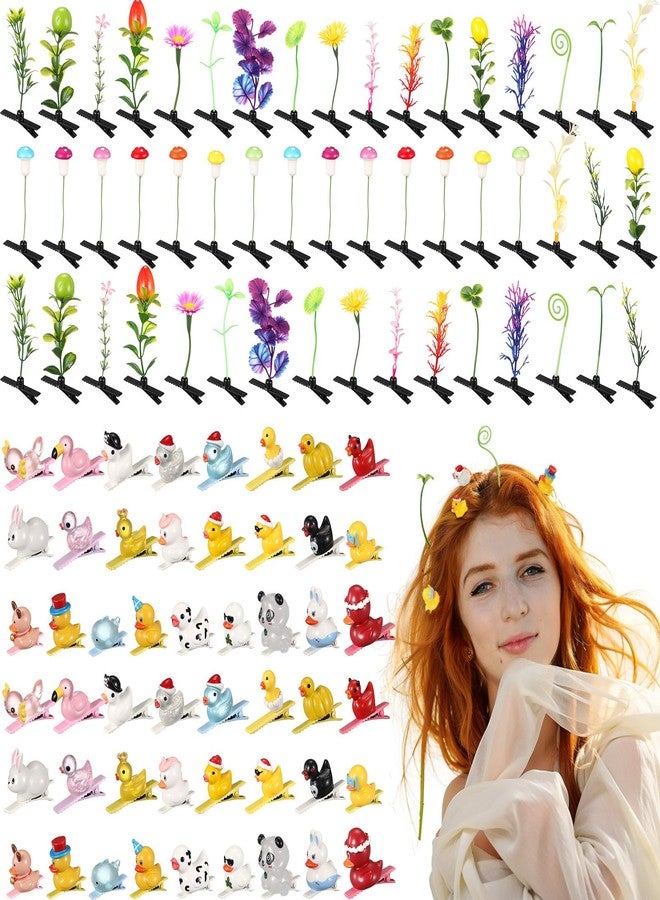 Solsew 100 Pcs Funny Bean Sprout & Duck Hair Clips Set, Rave Mixed Styles Multi-color Hair Clips, Novelty Plant and Animal Hairpins for Women Girls Music Festivals Beach Party Irish Home Christmas - Image 1